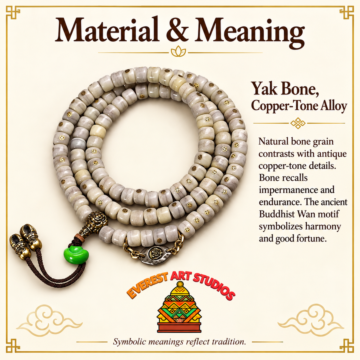 Mala yak vintage con Wan, 108 cuentas – Material y simbolismo tradicional