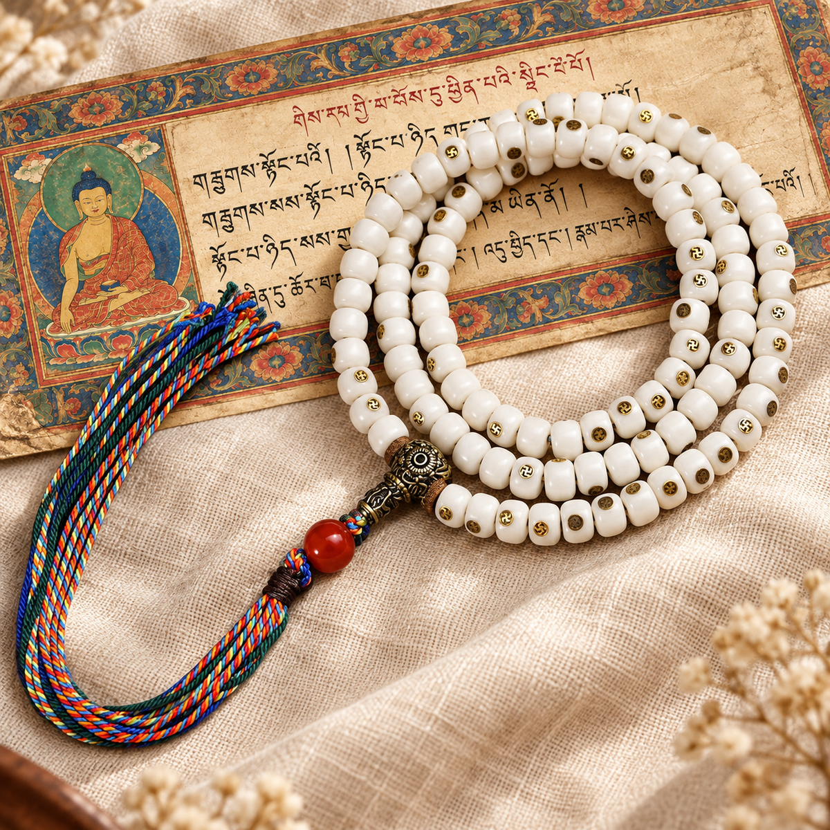 EverestArtstudios Natural Yak Bone Antique Copper Auspicious Wan 108-Bead Mala — full product