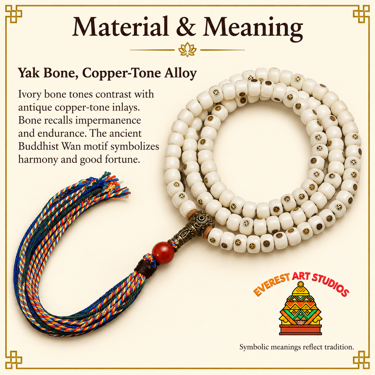 Mala yak natural con Wan, 108 cuentas – Material y simbolismo tradicional