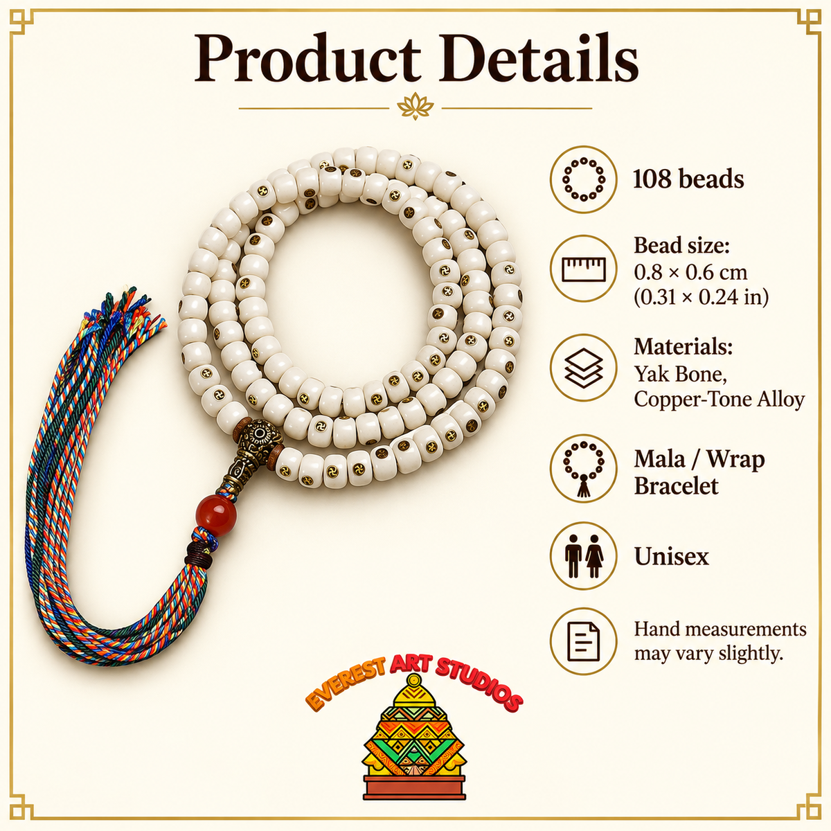 Mala yak natural con Wan, 108 cuentas
