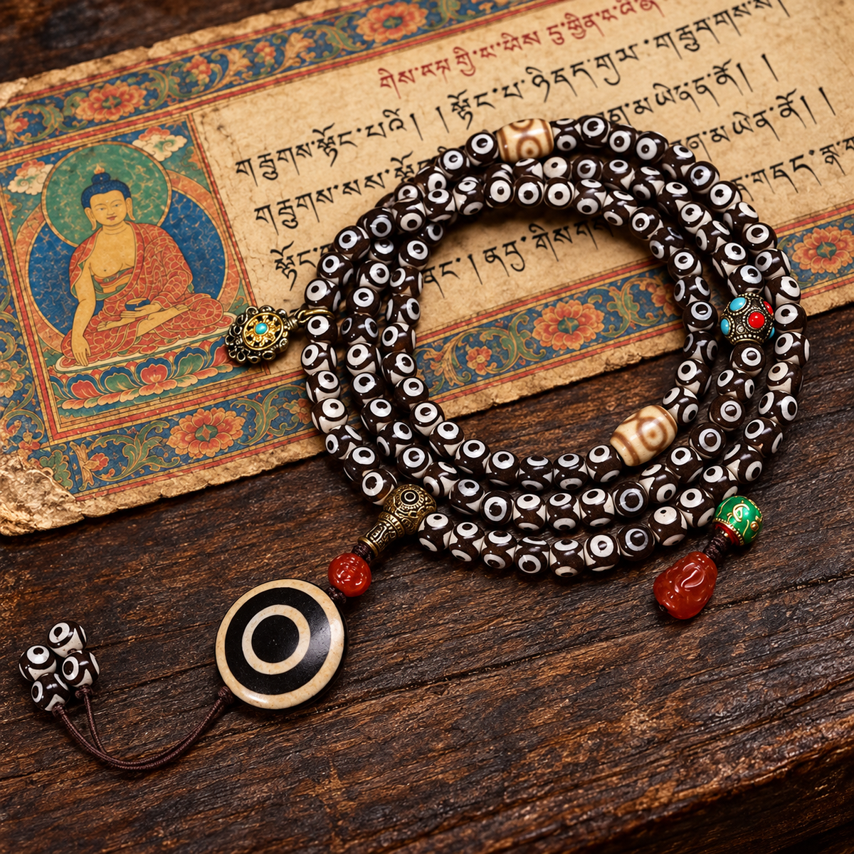 EverestArtstudios Natural Three-Eye Dzi and Red Agate 108-Bead Tibetan Mala — full product