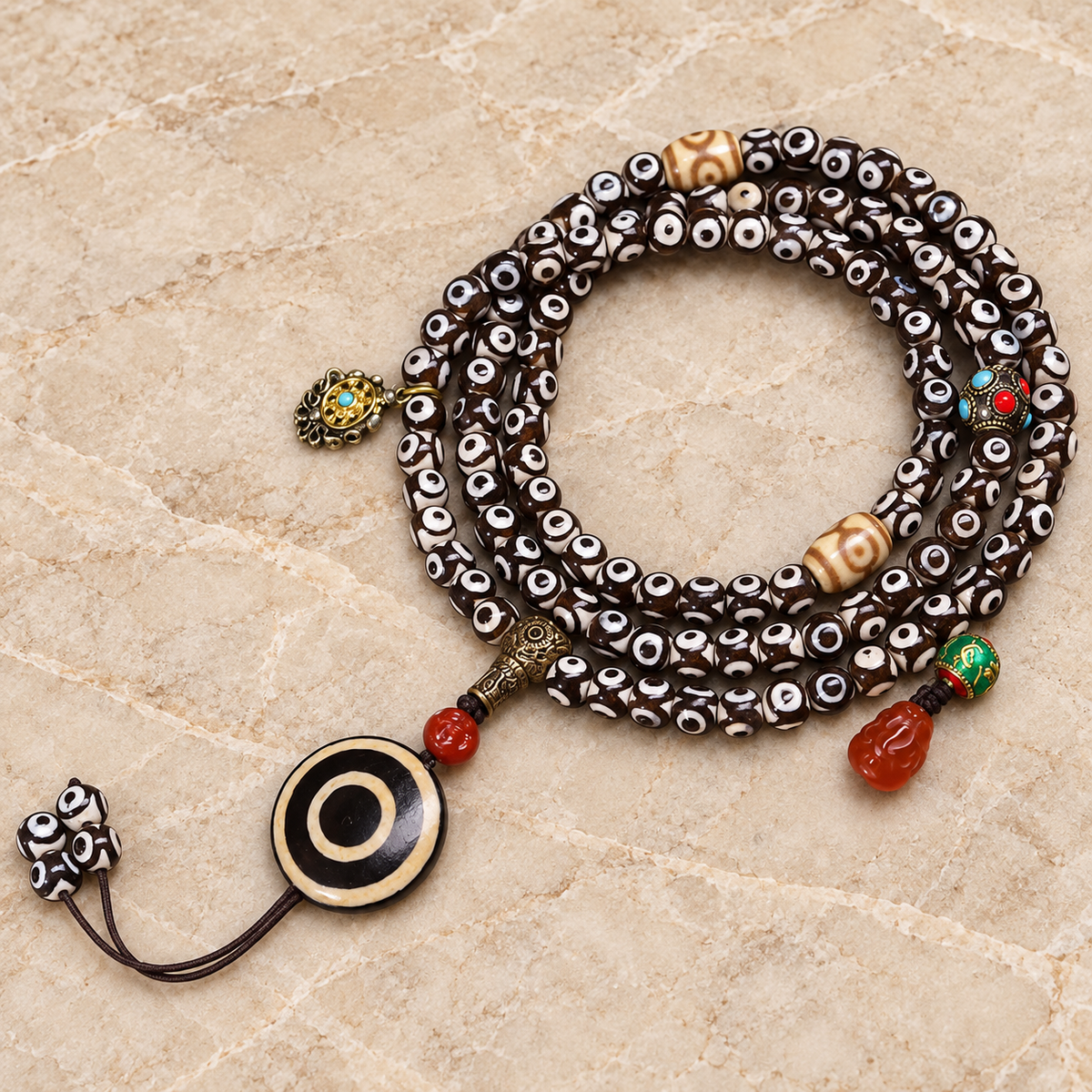 EverestArtstudios Natural Three-Eye Dzi and Red Agate 108-Bead Tibetan Mala — overall display