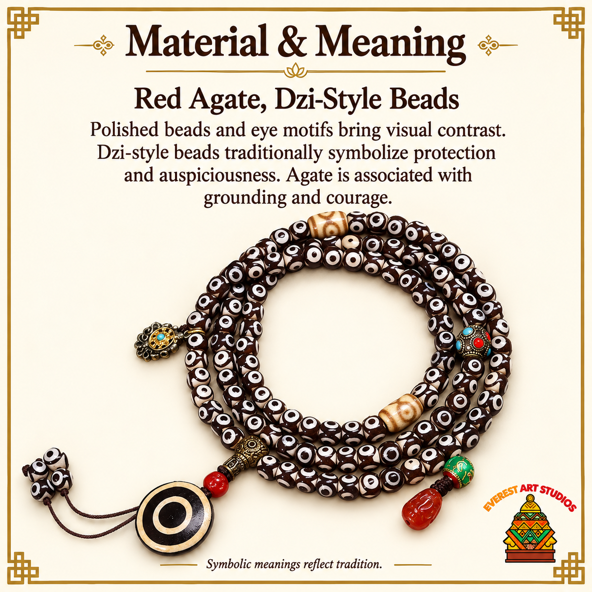 Mala agate rouge 108 perles Dzi trois yeux – Matière et symbolique traditionnelle