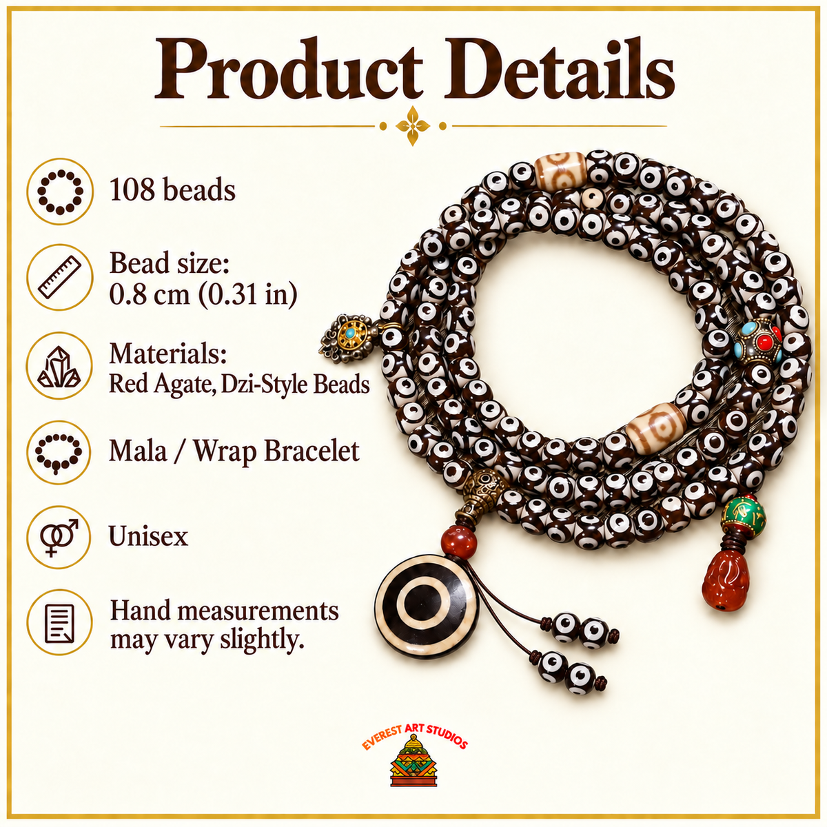 Mala agate rouge 108 perles Dzi trois yeux