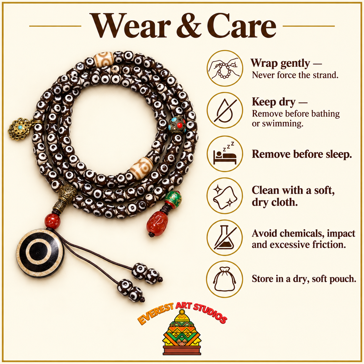 Mala agate rouge 108 perles Dzi trois yeux – Conseils d’entretien