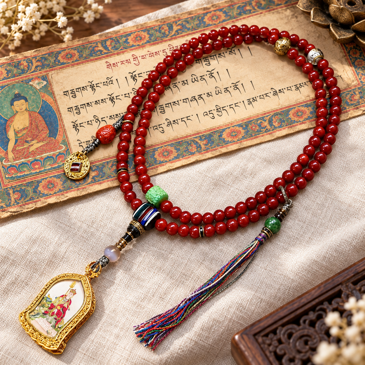 EverestArtstudios Red Agate 108-Bead Mala with Ksitigarbha Pendant — full product