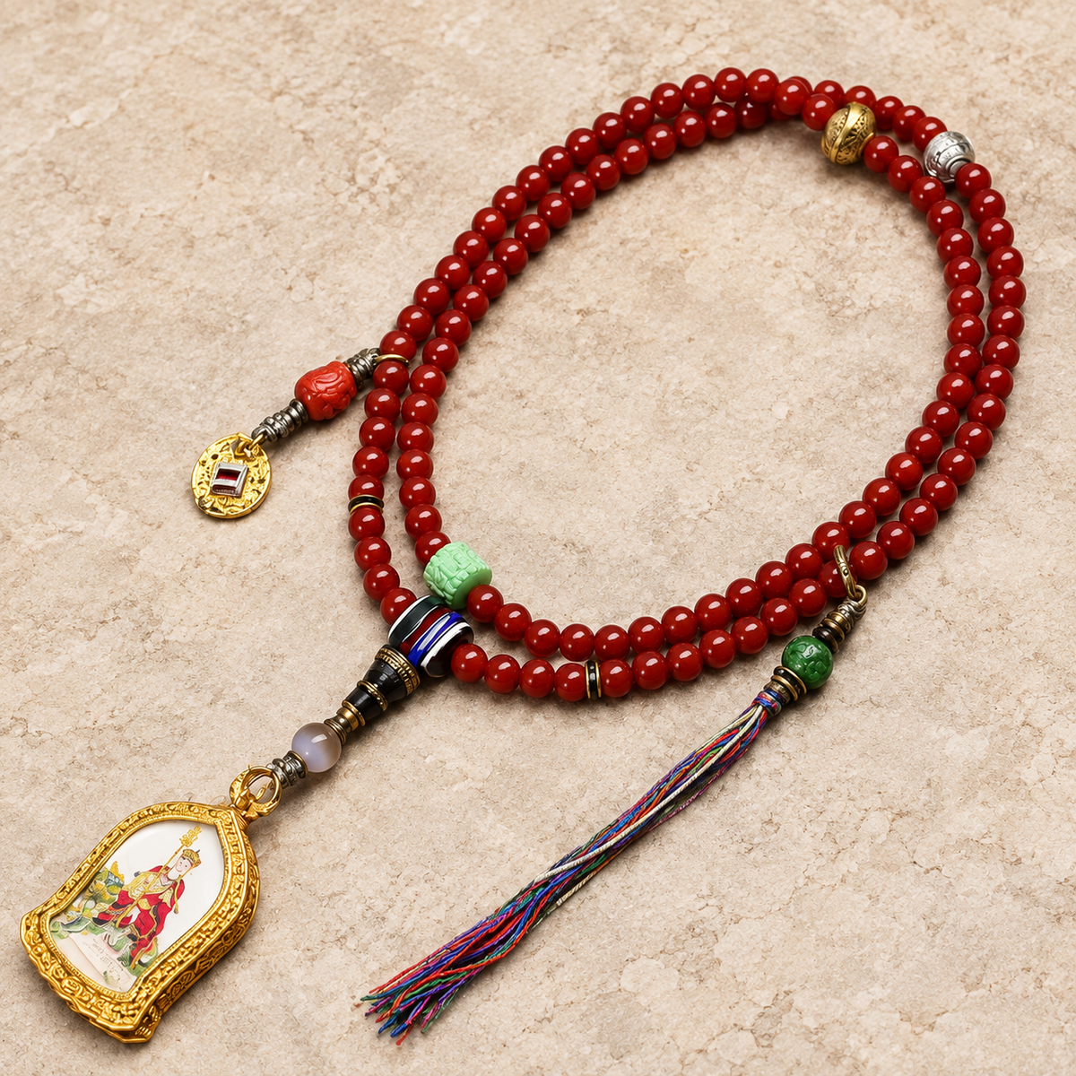 EverestArtstudios Red Agate 108-Bead Mala with Ksitigarbha Pendant — overall display
