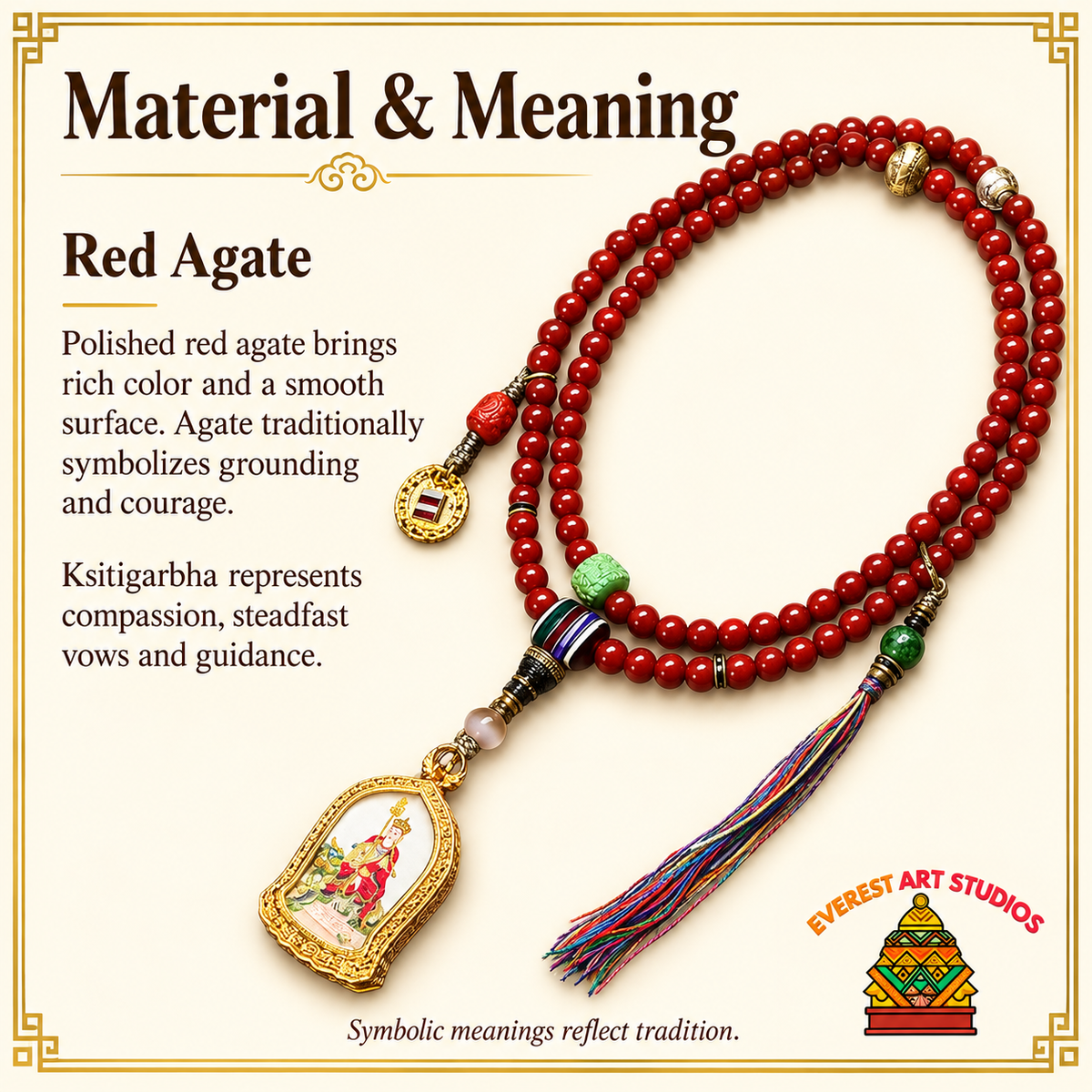 EverestArtstudios Achat-Mala mit Ksitigarbha, 108 Perlen – Material und traditionelle Symbolik