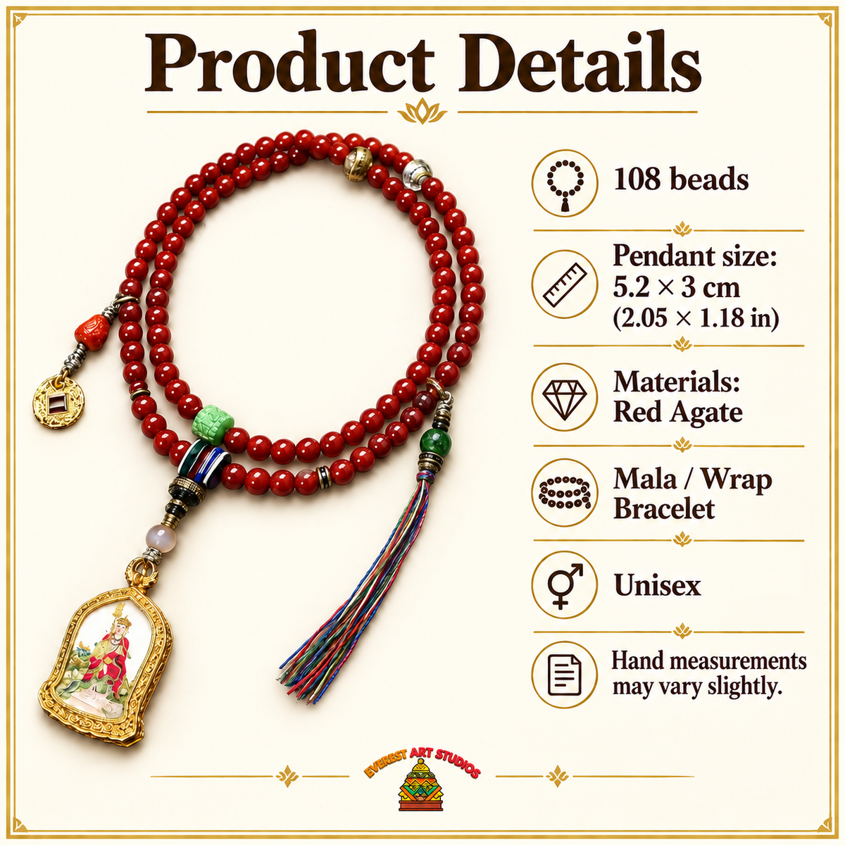 EverestArtstudios Achat-Mala mit Ksitigarbha, 108 Perlen