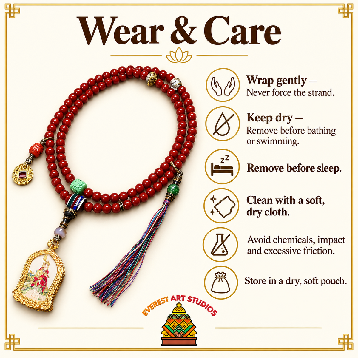 EverestArtstudios Achat-Mala mit Ksitigarbha, 108 Perlen – Pflegehinweise