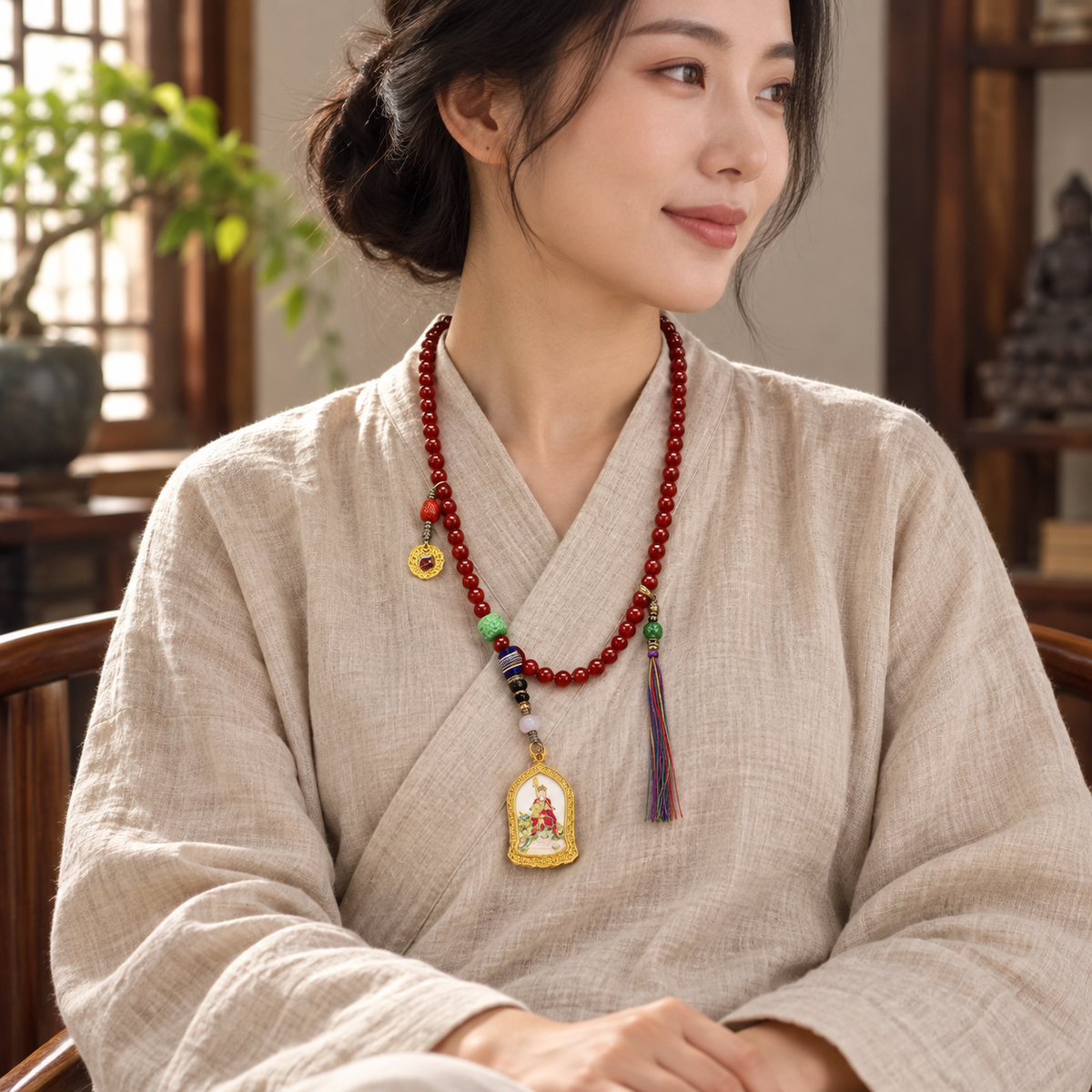 EverestArtstudios Achat-Mala mit Ksitigarbha, 108 Perlen