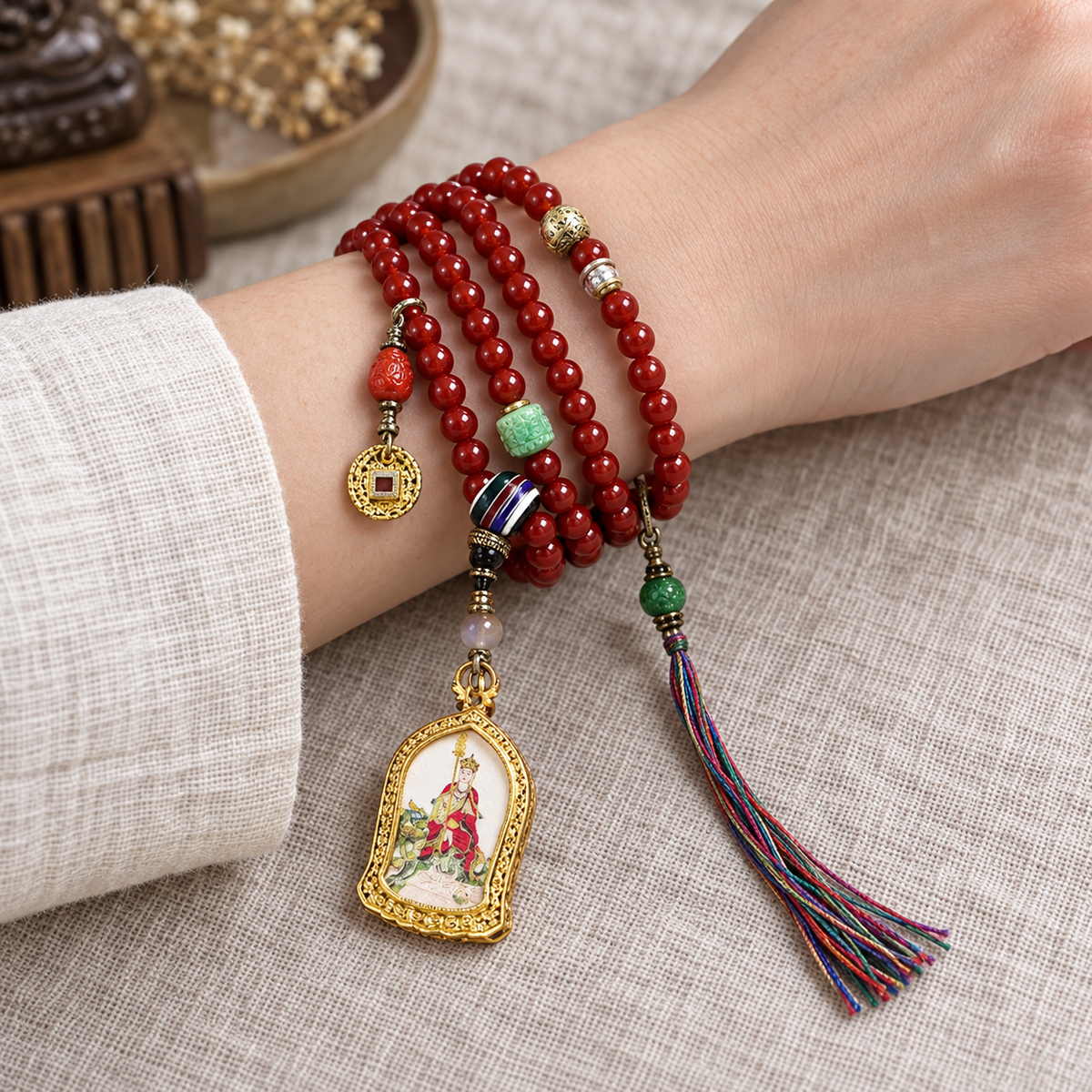 EverestArtstudios Achat-Mala mit Ksitigarbha, 108 Perlen