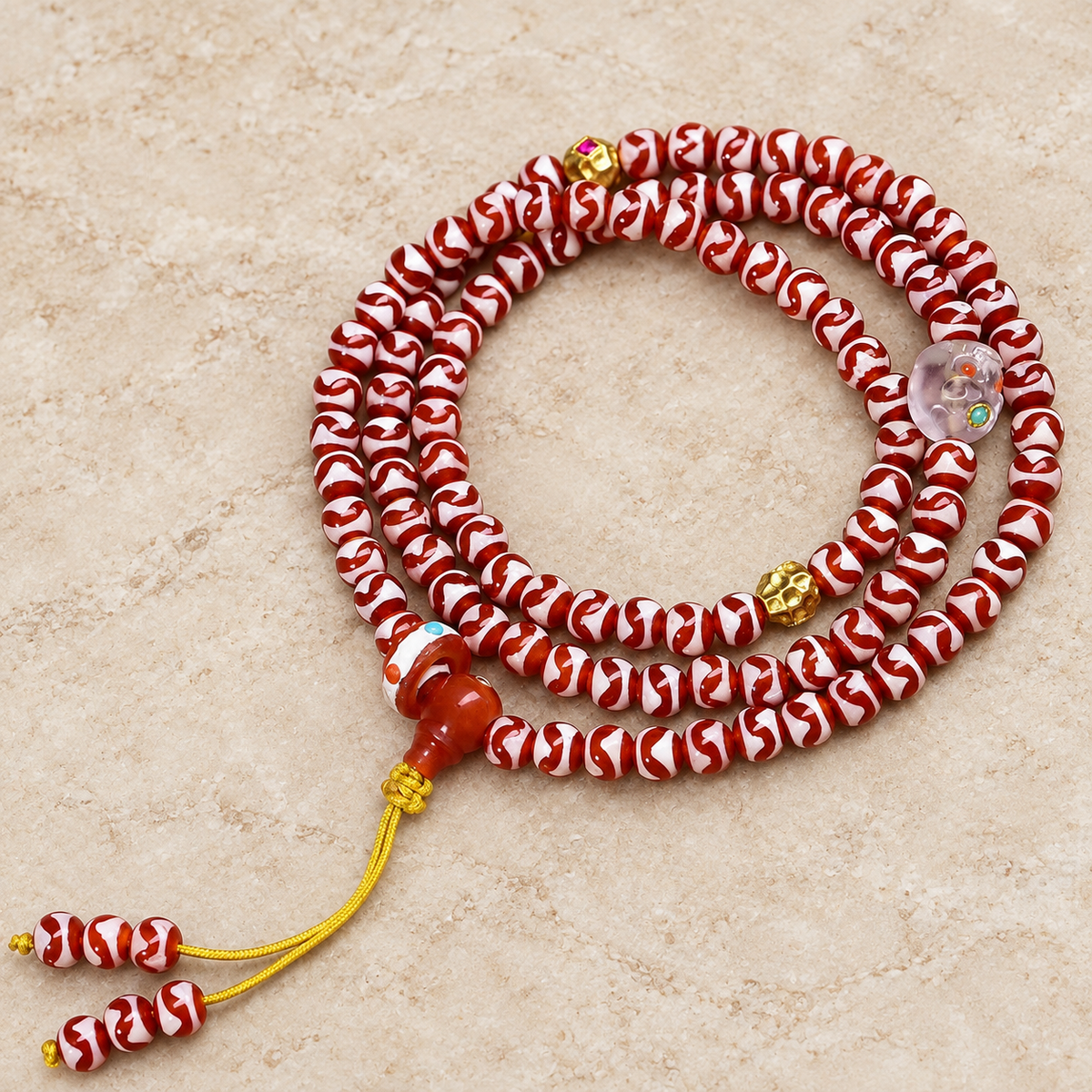Tiger-Tooth Dzi and Amethyst Mala — overall display