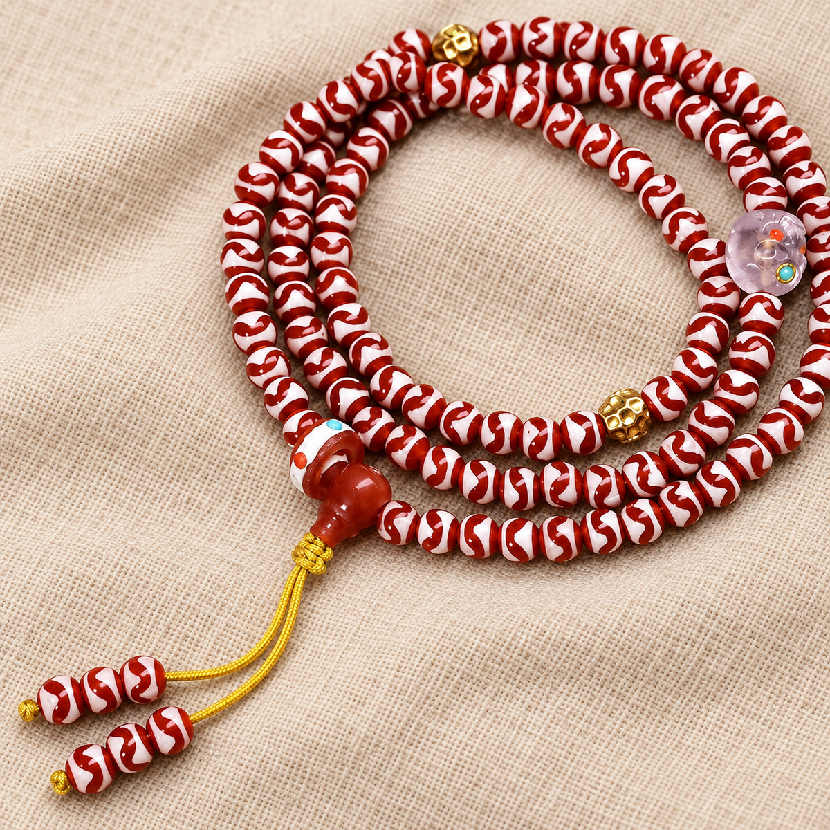 EverestArtstudios Amethyst-Tigerzahn-Dzi-Mala, 108 Perlen