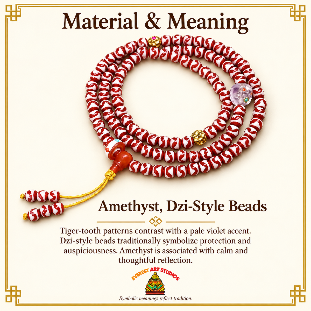 EverestArtstudios Amethyst-Tigerzahn-Dzi-Mala, 108 Perlen – Material und traditionelle Symbolik