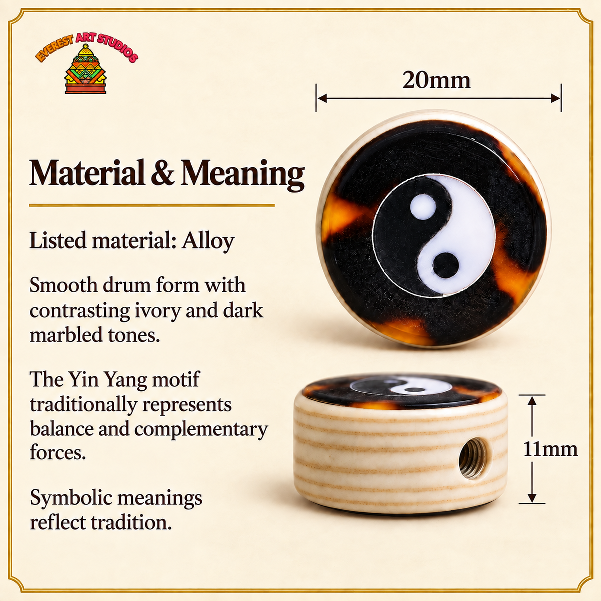 EverestArtstudios Bagua-Trommel-Zierelement für Mala, 20 × 11 mm – Material und traditionelle Symbolik