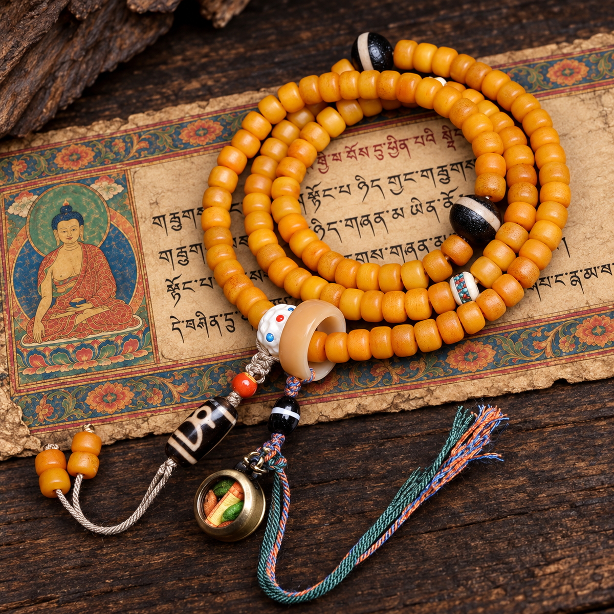 Golden-yellow camel bone 108-bead mala — full product