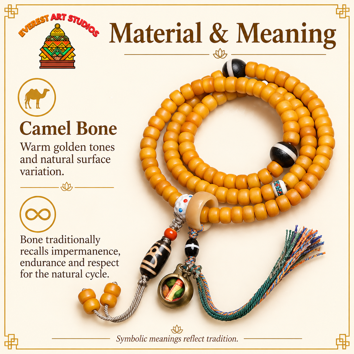 Mala camello amarillo con borla, 108 cuentas – Material y simbolismo tradicional