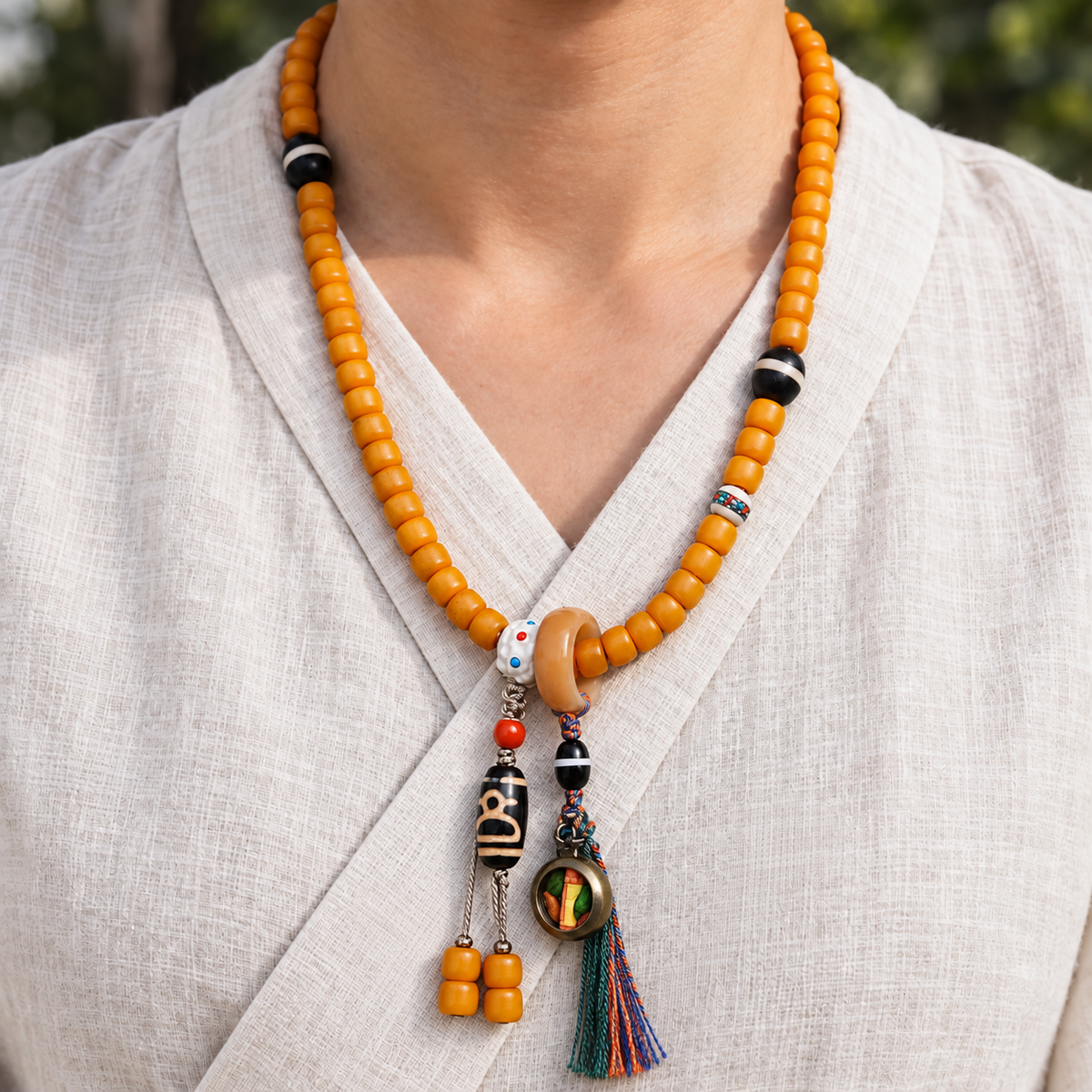 EverestArtstudios Natural Golden-Yellow Camel Bone 108-Bead Tibetan Mala with Tassel