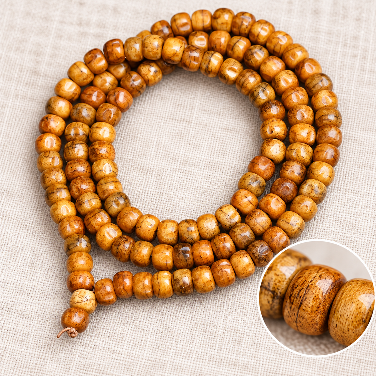 EverestArtstudios Natural Camel Bone and Passion Seed 108-Bead DIY Strand — surface detail