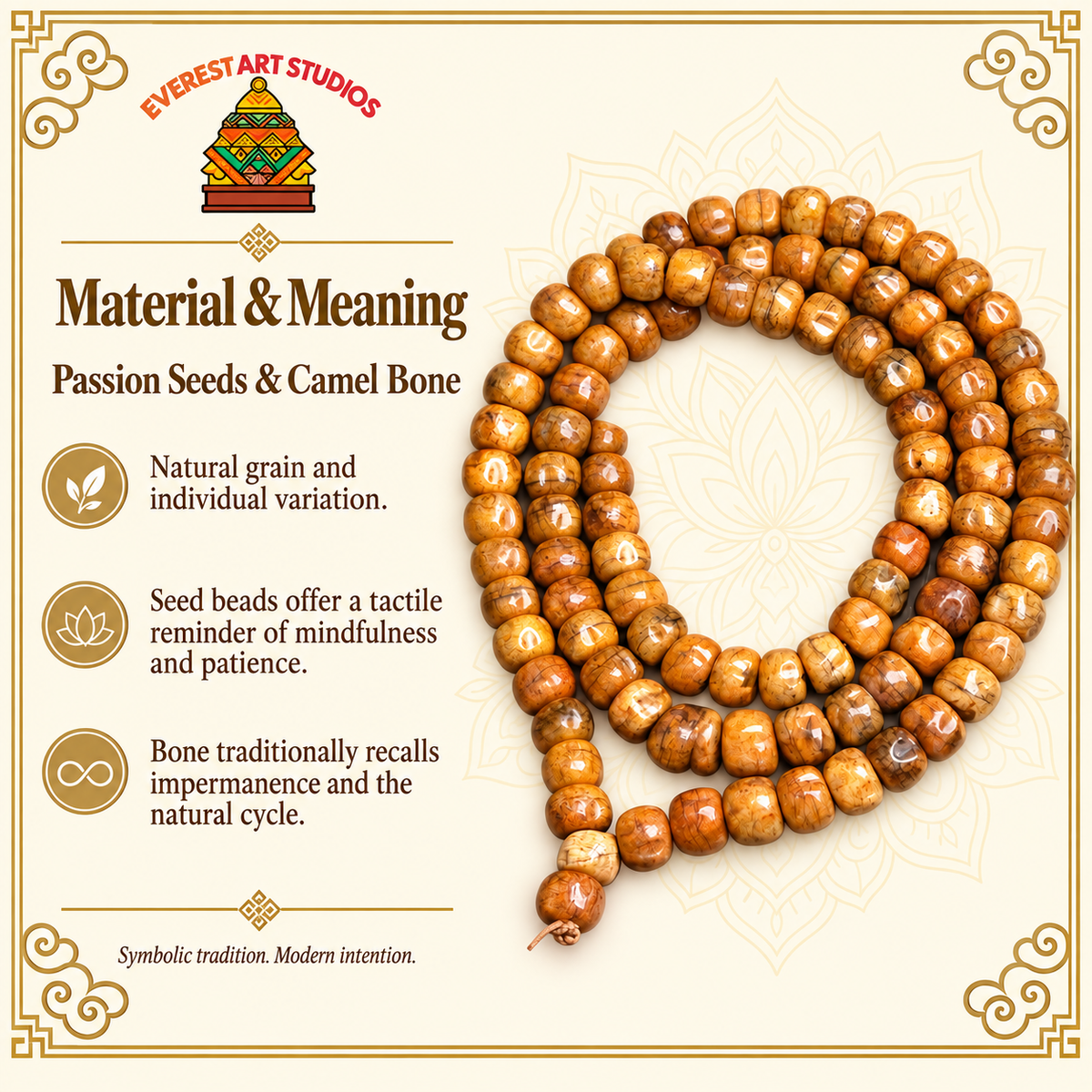 EverestArtstudios Natural Camel Bone and Passion Seed 108-Bead DIY Strand — material meaning