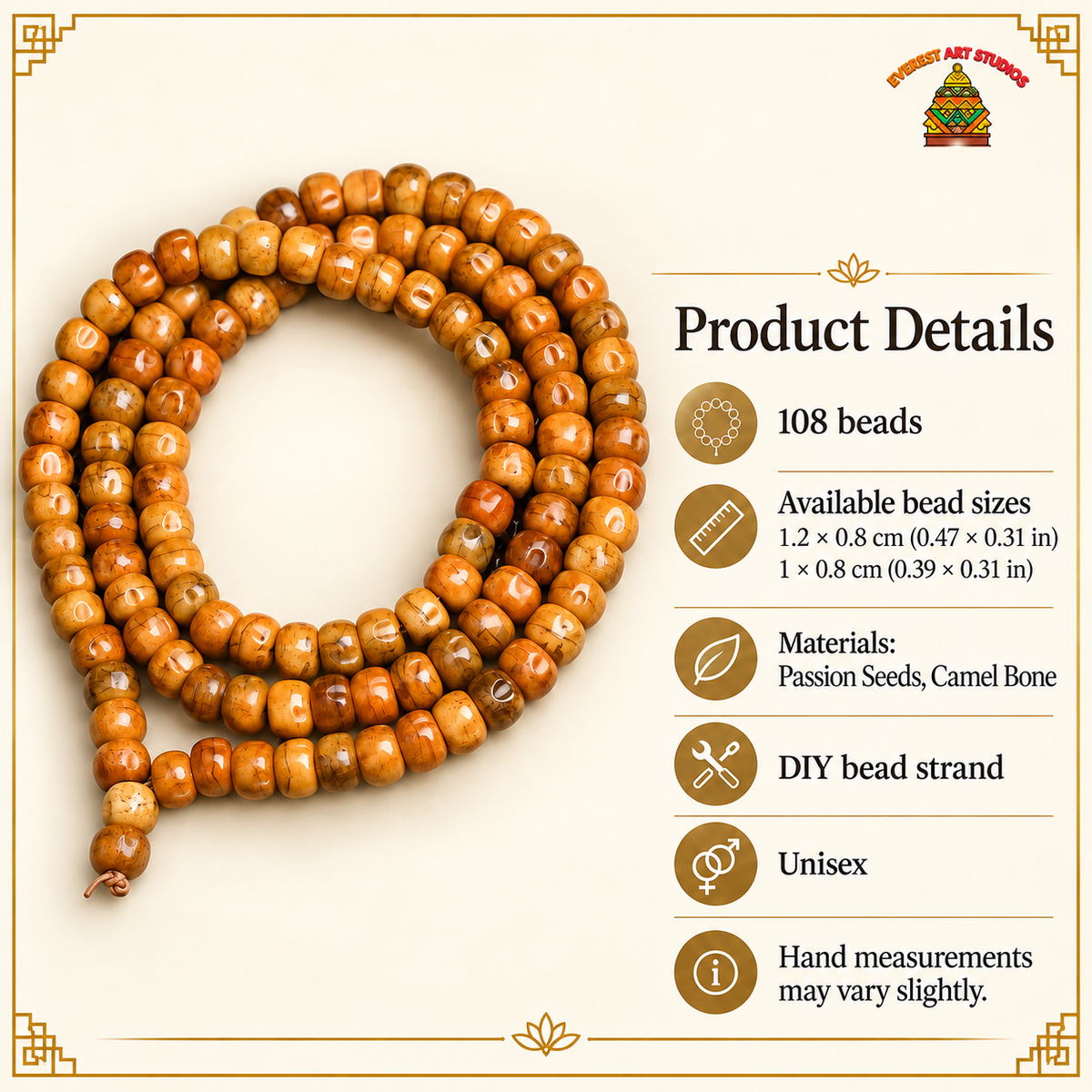EverestArtstudios Natural Camel Bone and Passion Seed 108-Bead DIY Strand — specifications