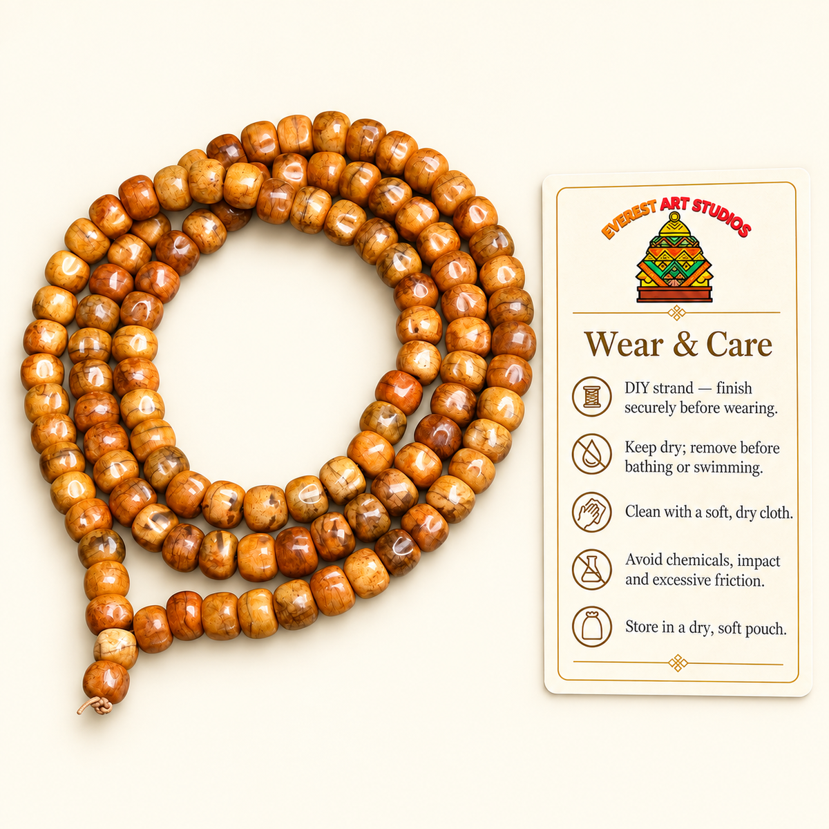 EverestArtstudios Natural Camel Bone and Passion Seed 108-Bead DIY Strand — care