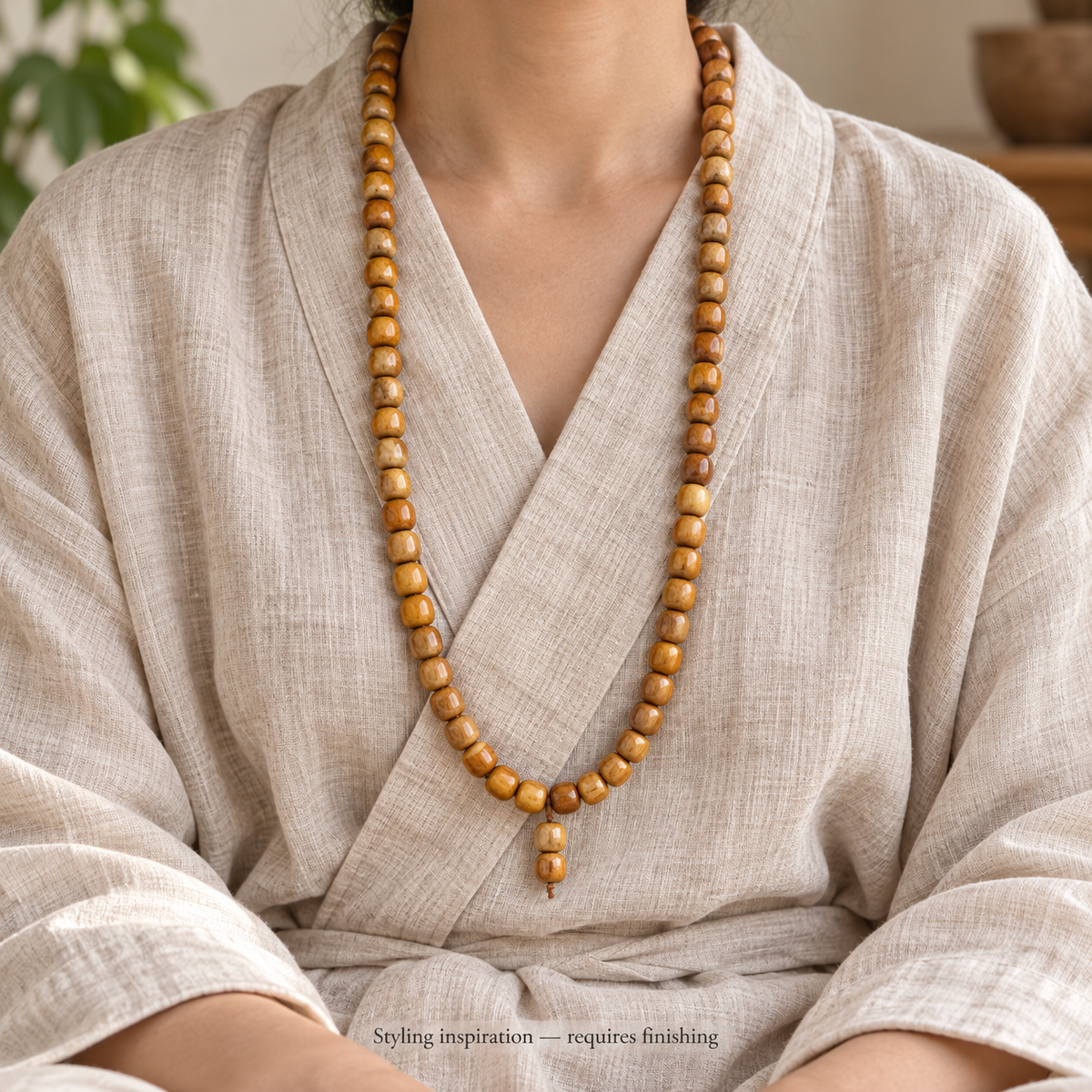 EverestArtstudios Natural Camel Bone and Passion Seed 108-Bead DIY Strand — linen seated