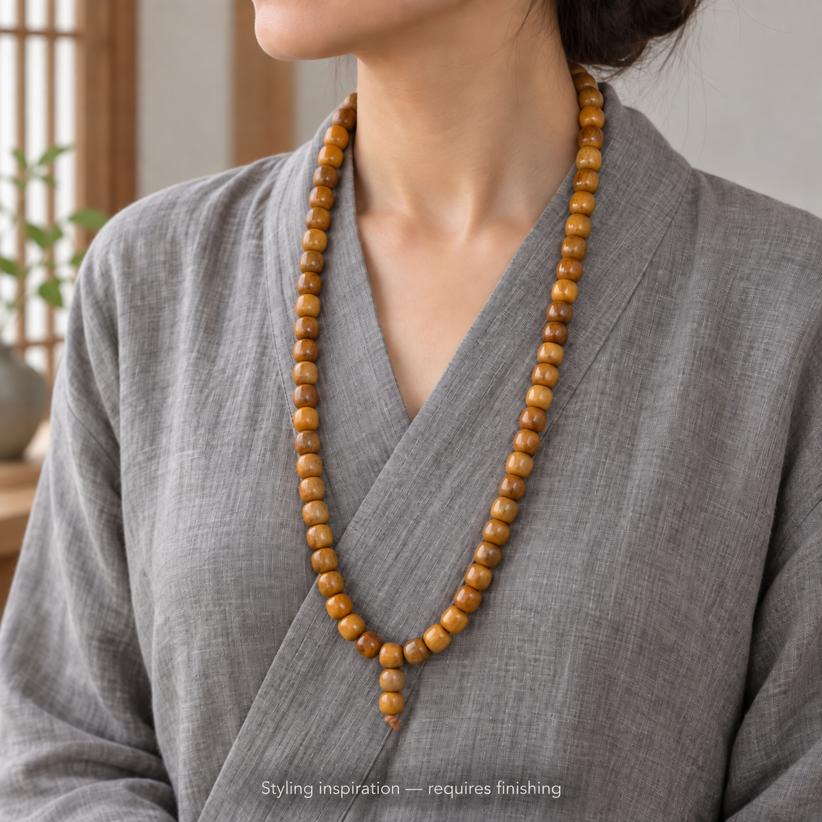 EverestArtstudios Natural Camel Bone and Passion Seed 108-Bead DIY Strand — linen side