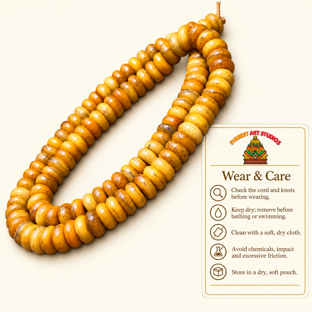 Hilo Mala camello amarillo, 108 cuentas – Consejos de cuidado
