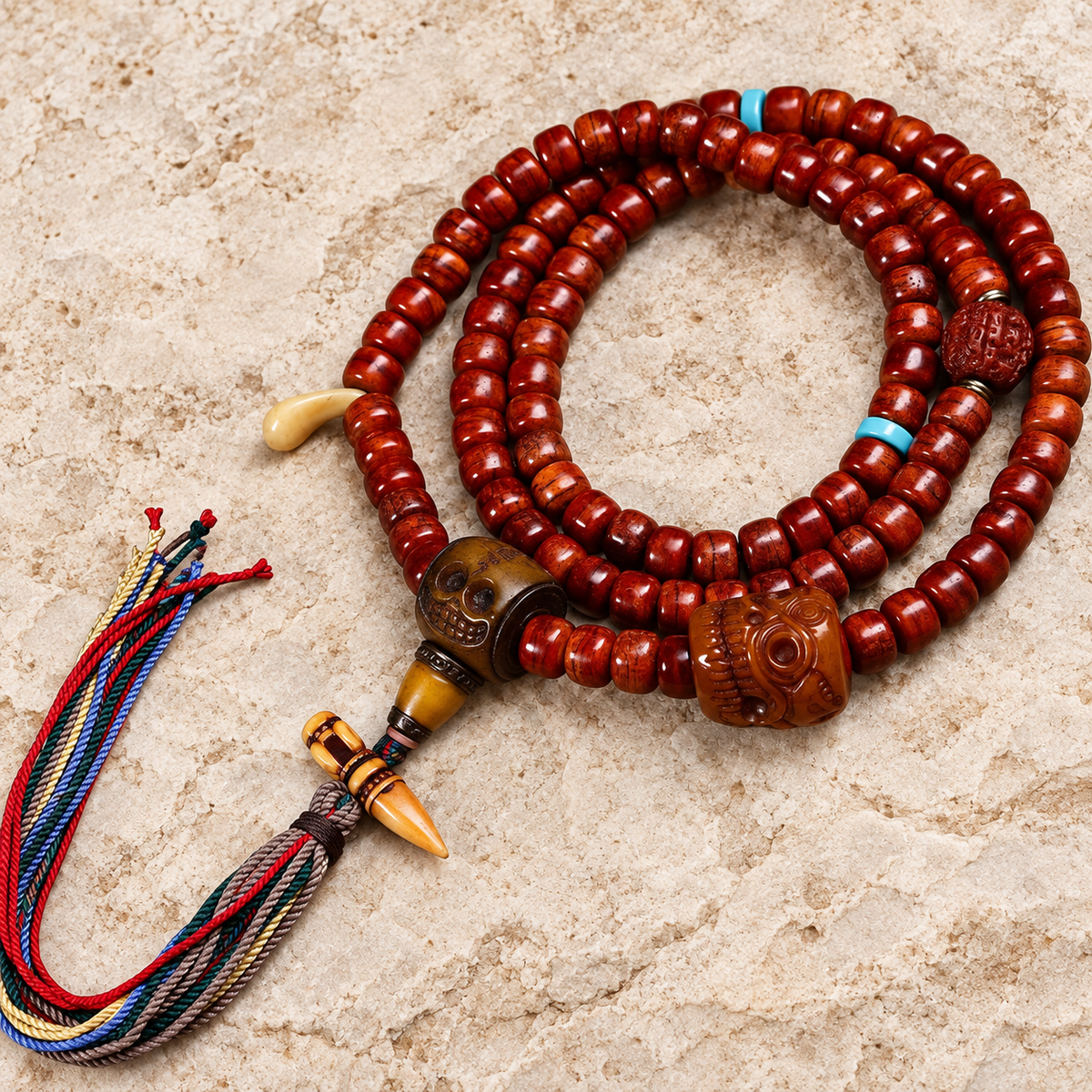 EverestArtstudios Tibetische Vintage-Knochen-Mala, 108 Tonnenperlen