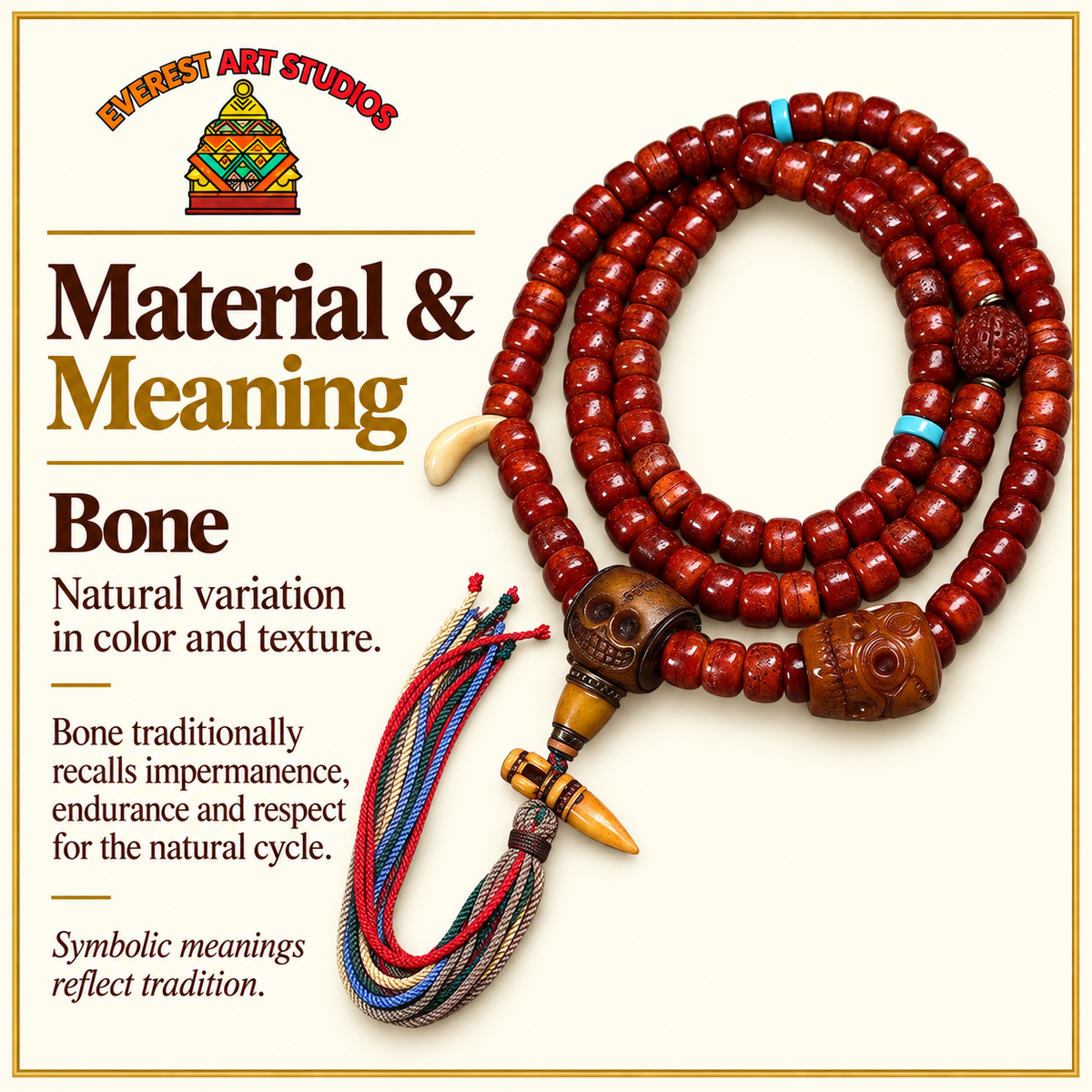 EverestArtstudios Tibetische Vintage-Knochen-Mala, 108 Tonnenperlen – Material und traditionelle Symbolik