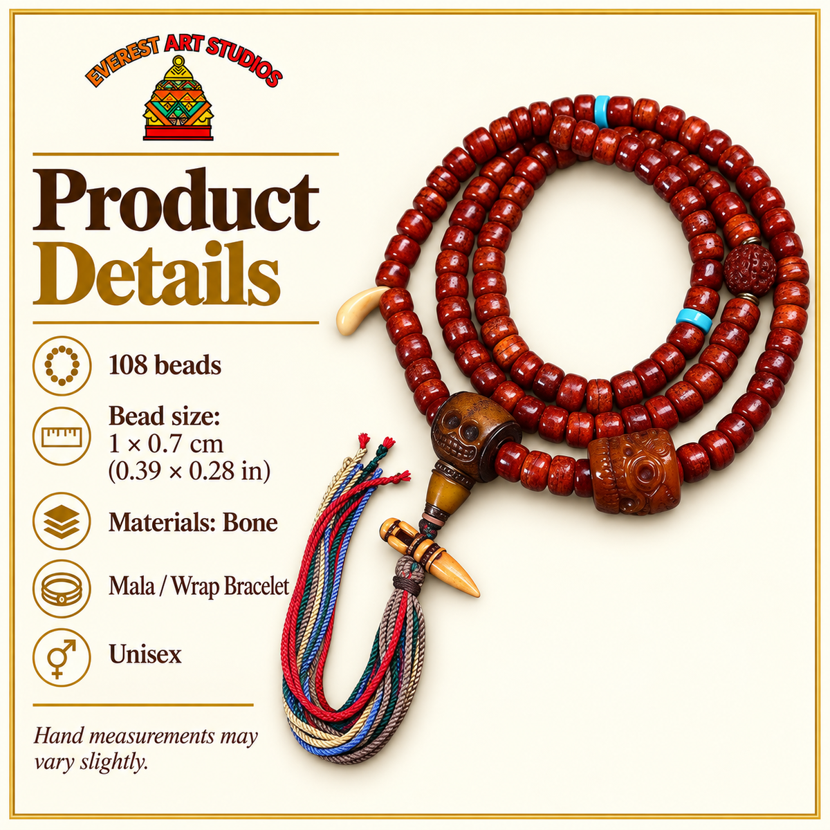 EverestArtstudios Tibetische Vintage-Knochen-Mala, 108 Tonnenperlen