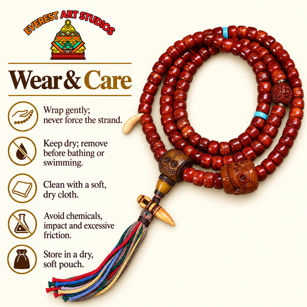 EverestArtstudios Tibetische Vintage-Knochen-Mala, 108 Tonnenperlen – Pflegehinweise