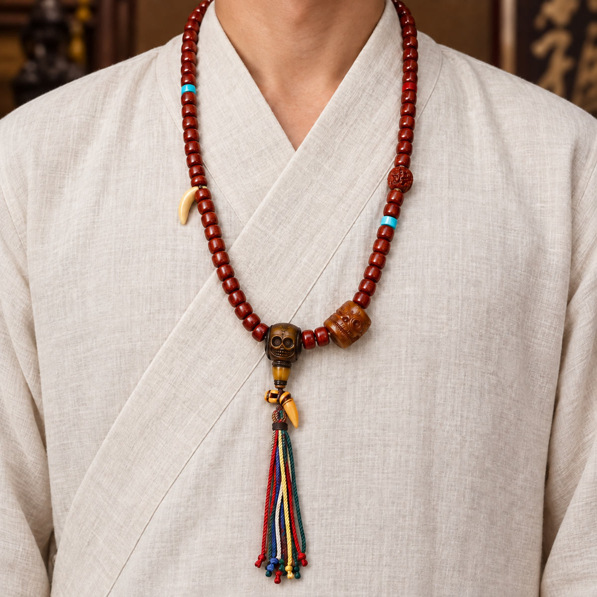 EverestArtstudios Tibetische Vintage-Knochen-Mala, 108 Tonnenperlen