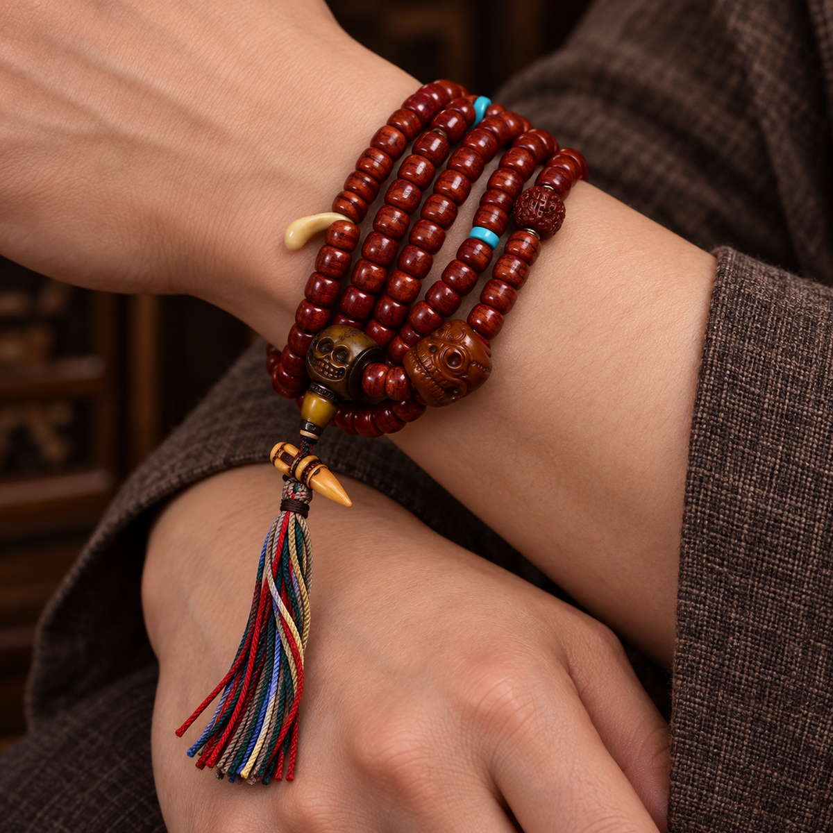 EverestArtstudios Tibetan Vintage Bone Barrel-Bead 108-Bead Mala Necklace