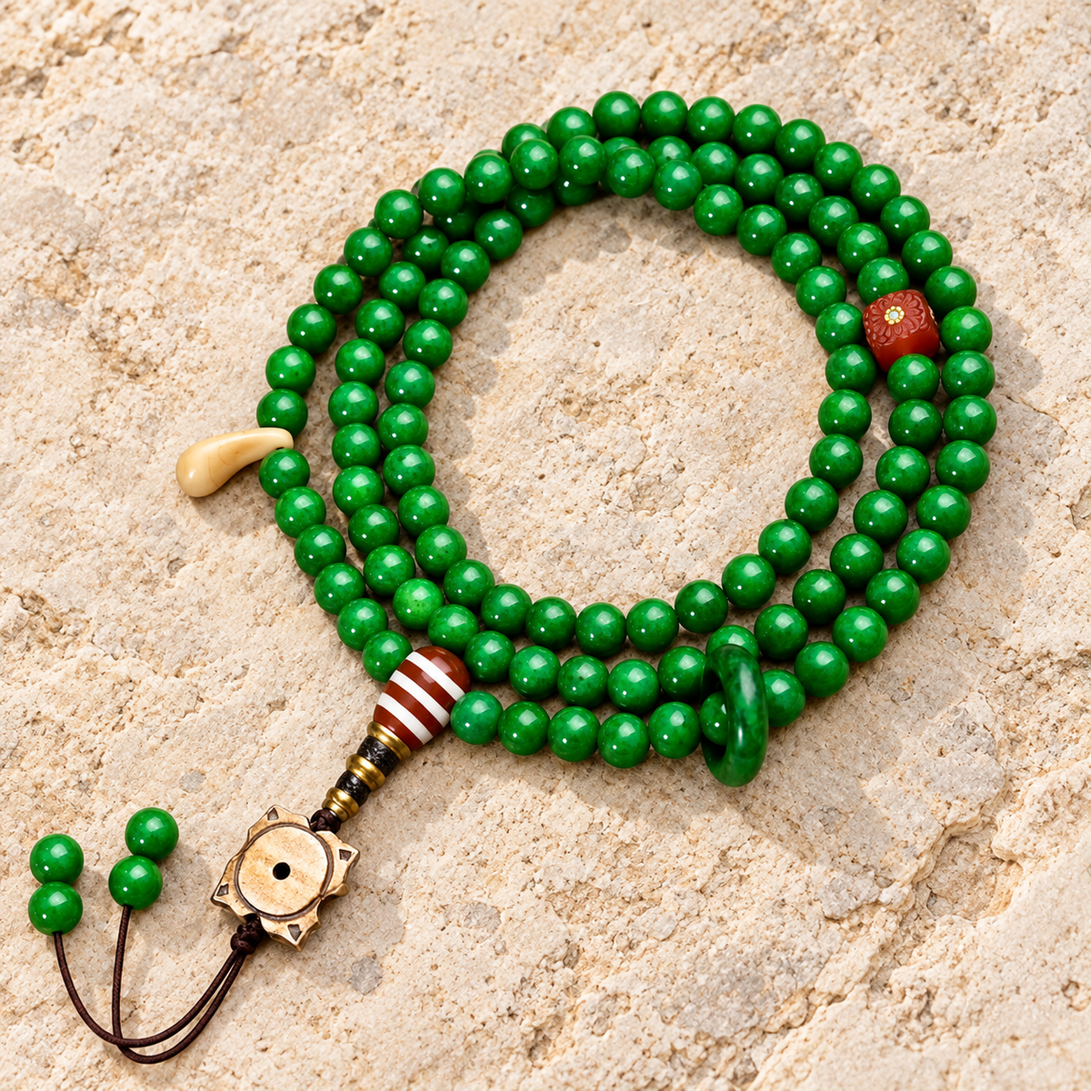 EverestArtstudios Tibetan Horn-Look 108-Bead Mala with Agate and Bone Accents — overall display