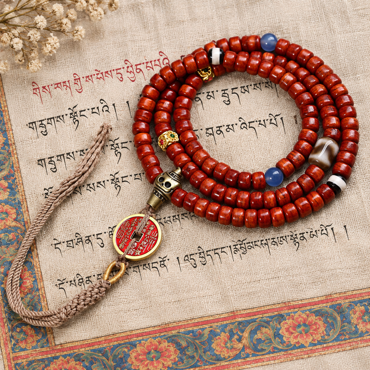 EverestArtstudios Tibetan Vintage Bone 108-Bead Mala with Mountain Ghost Coin — full product