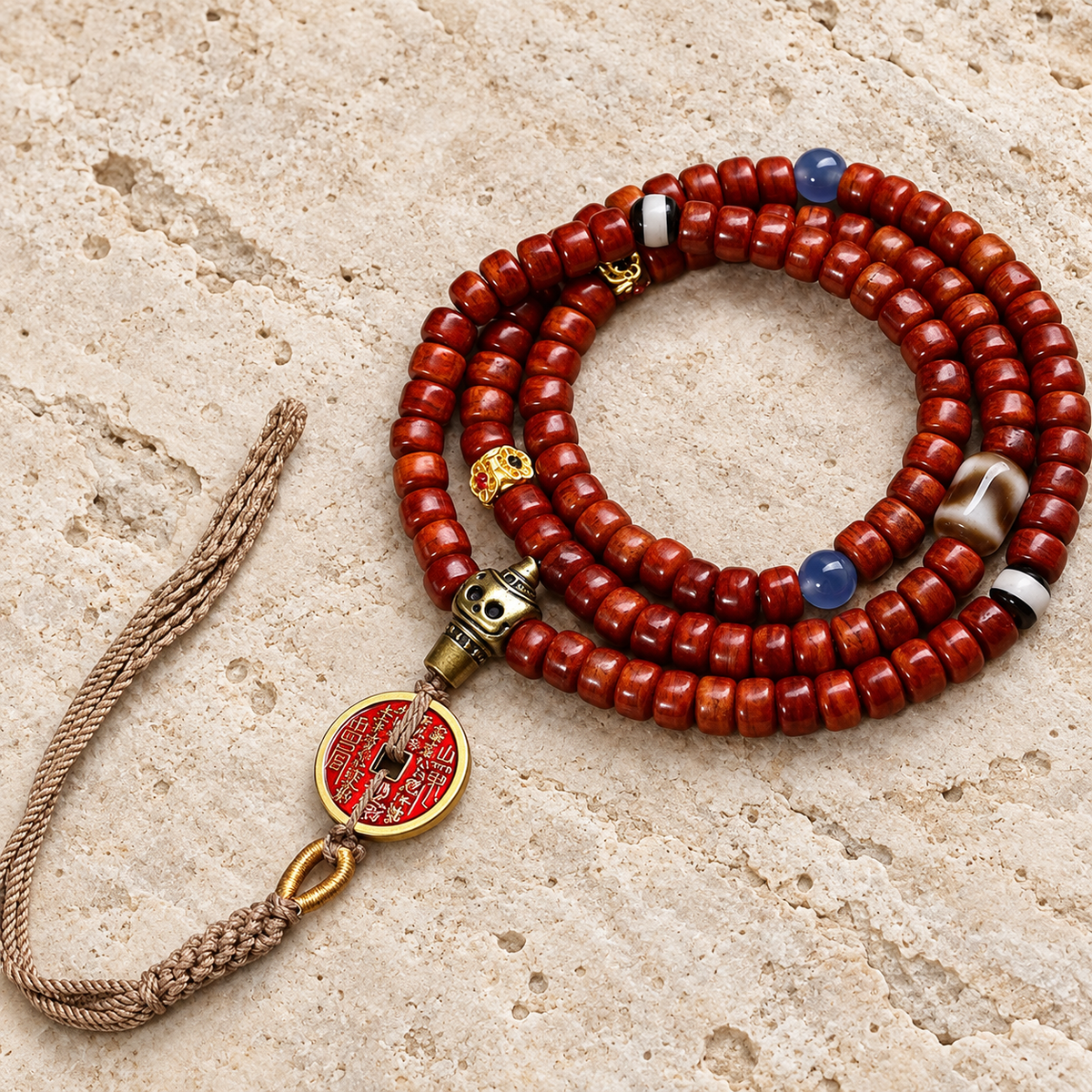 EverestArtstudios Tibetan Vintage Bone 108-Bead Mala with Mountain Ghost Coin — overall display