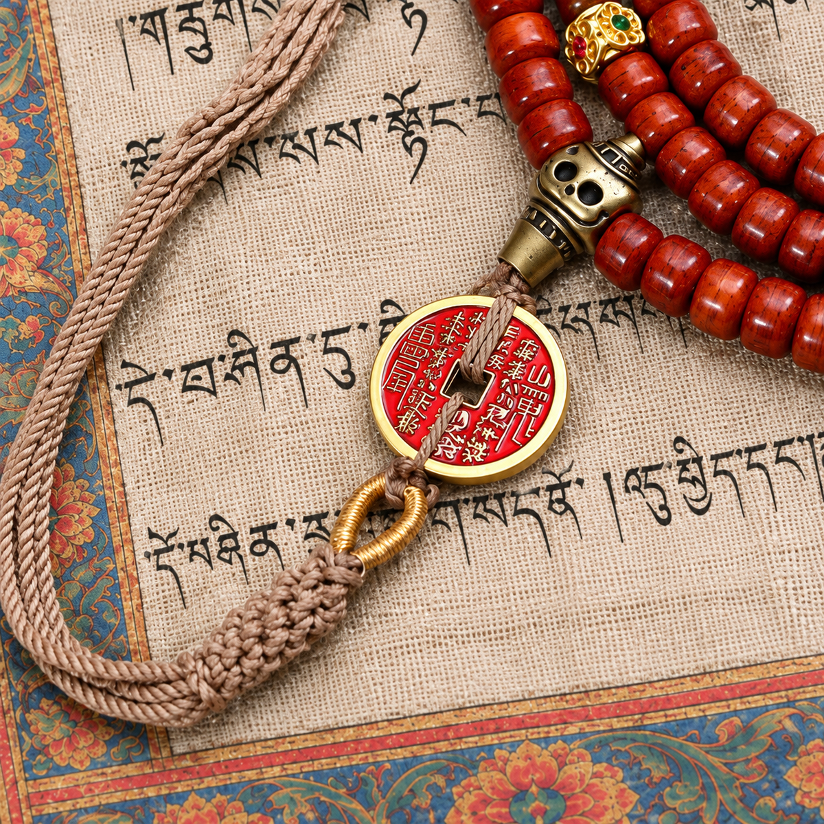EverestArtstudios Tibetan Vintage Bone 108-Bead Mala with Mountain Ghost Coin — pendant detail