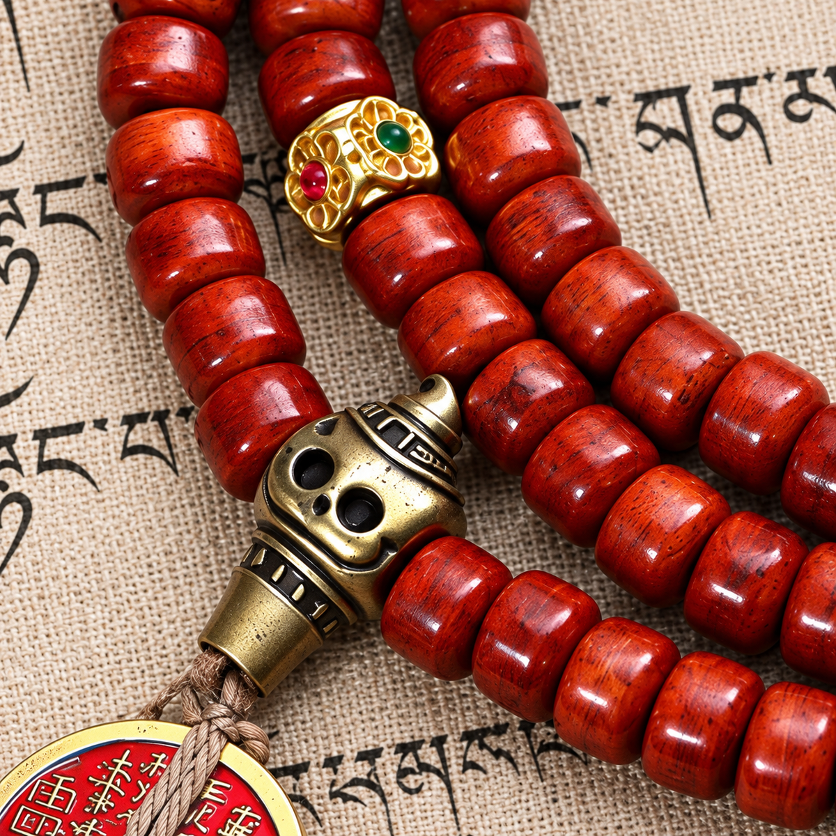 EverestArtstudios Tibetan Vintage Bone 108-Bead Mala with Mountain Ghost Coin — accent detail