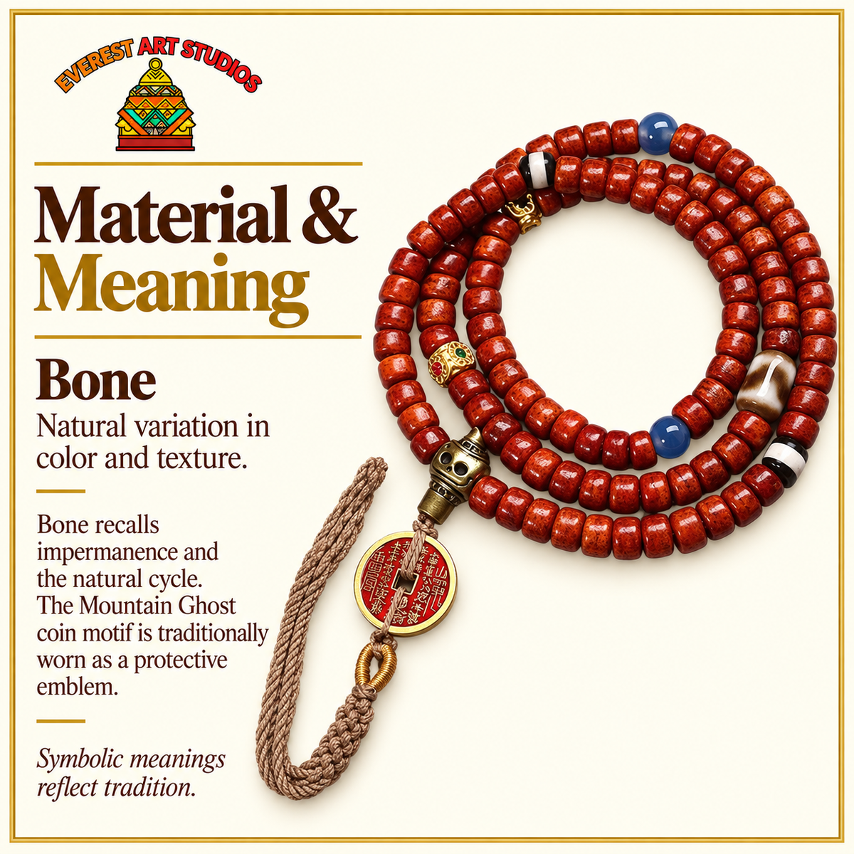 EverestArtstudios Tibetan Vintage Bone 108-Bead Mala with Mountain Ghost Coin — materials meaning