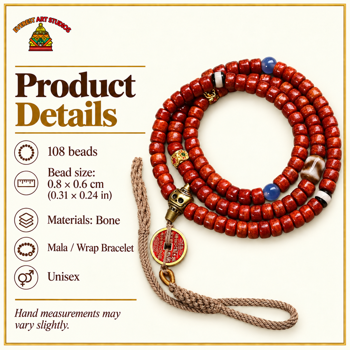 EverestArtstudios Tibetan Vintage Bone 108-Bead Mala with Mountain Ghost Coin — specifications
