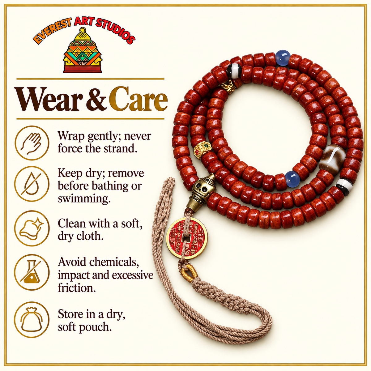 EverestArtstudios Tibetan Vintage Bone 108-Bead Mala with Mountain Ghost Coin — care