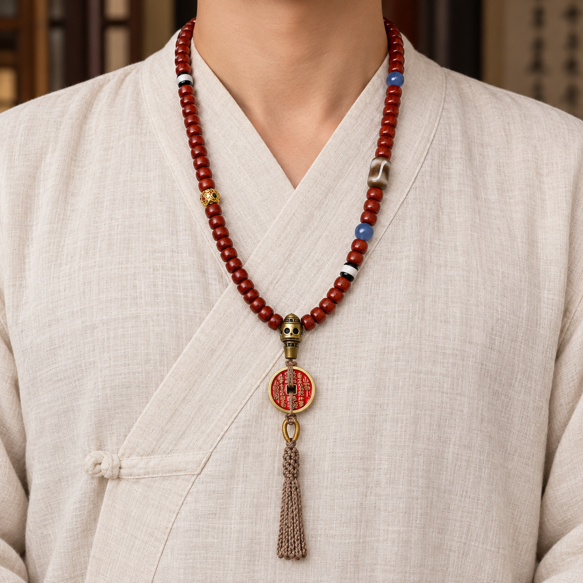 EverestArtstudios Tibetan Vintage Bone 108-Bead Mala with Mountain Ghost Coin — linen front