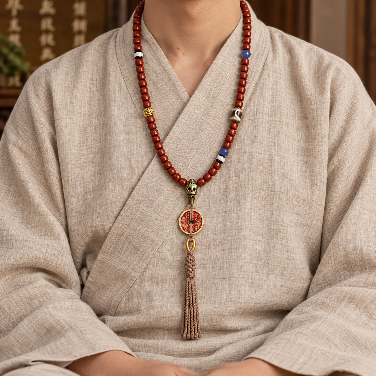 EverestArtstudios Tibetan Vintage Bone 108-Bead Mala with Mountain Ghost Coin — linen seated