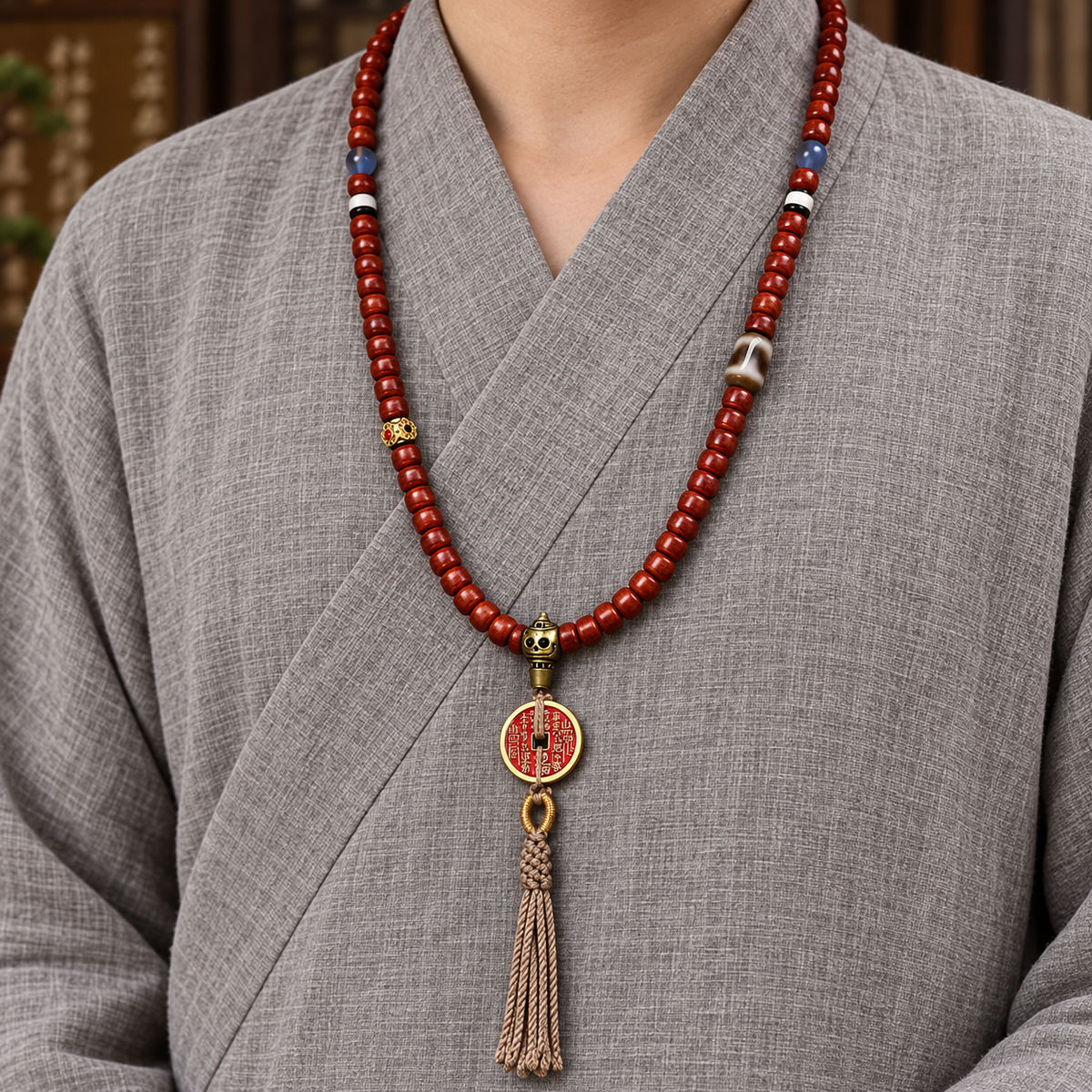 EverestArtstudios Tibetan Vintage Bone 108-Bead Mala with Mountain Ghost Coin — linen side
