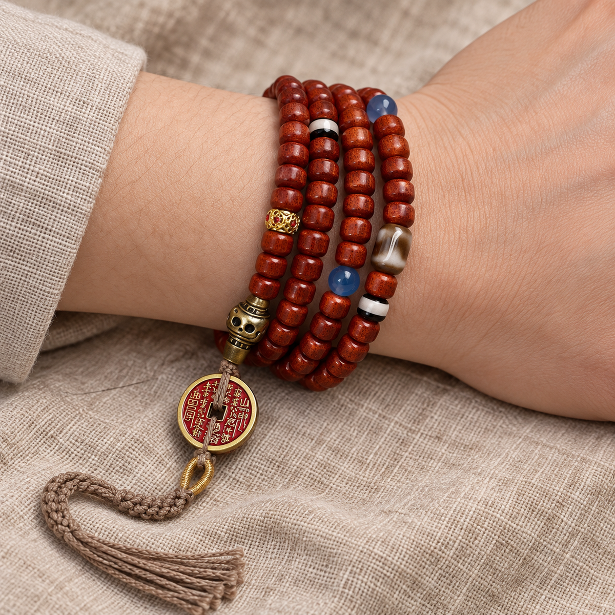 EverestArtstudios Tibetan Vintage Bone 108-Bead Mala with Mountain Ghost Coin — wrist resting