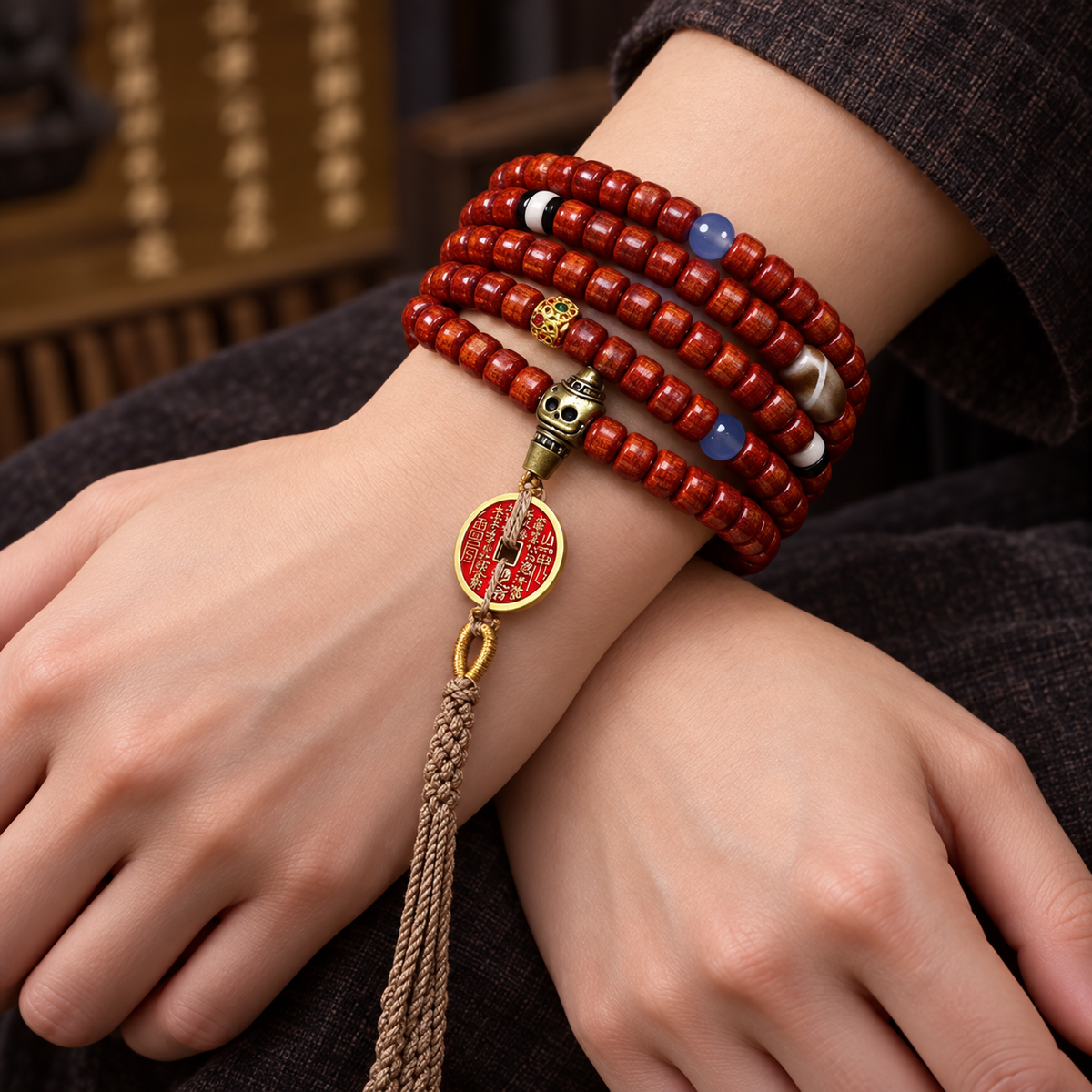 EverestArtstudios Tibetan Vintage Bone 108-Bead Mala with Mountain Ghost Coin — wrist crossed