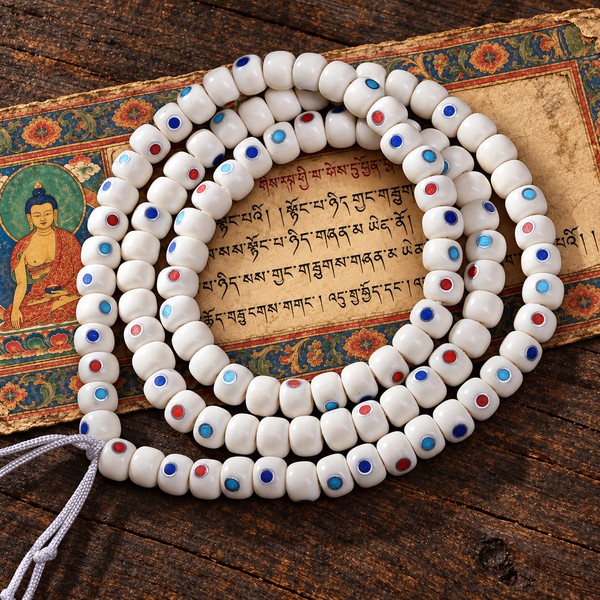 EverestArtstudios Camel Bone Inlaid Multi-Treasure or Auspicious Wan 108-Bead DIY Strand — full product